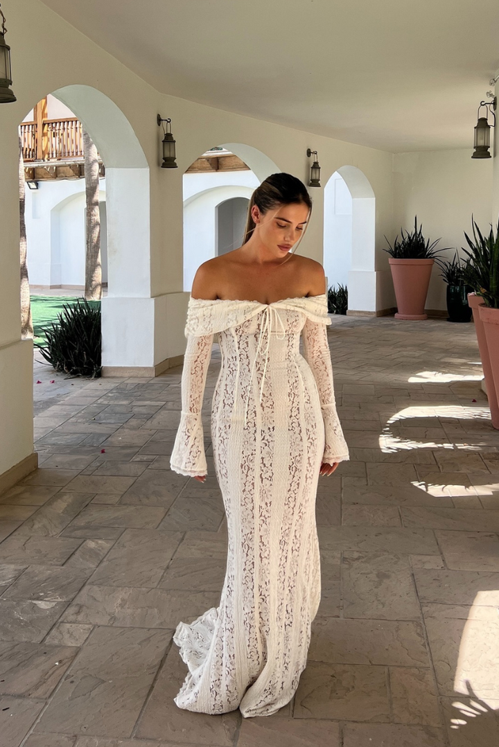 Viraya - Off-Shoulder Crochet Lace Maxi Dress