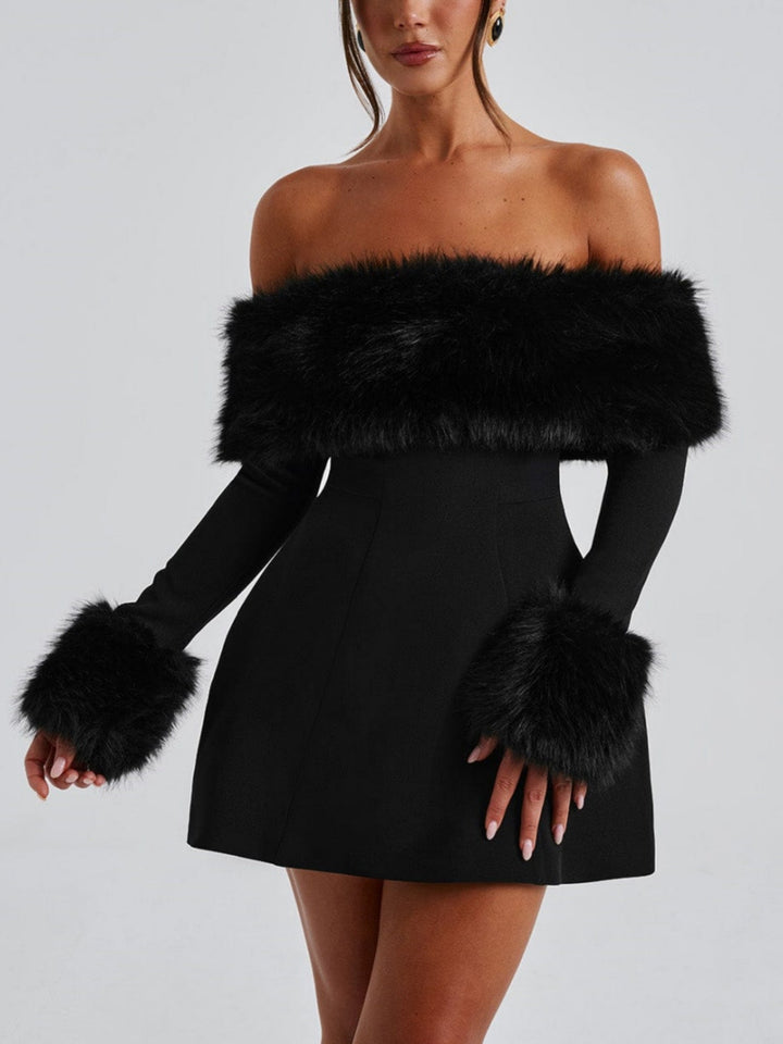 Venyra - Off-Shoulder Fur Sleeve Mini Dress