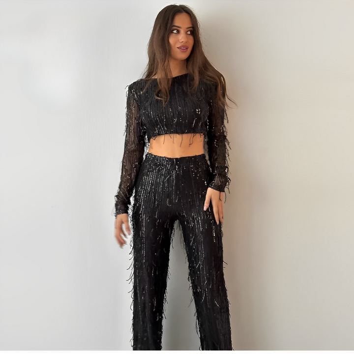 Solyra - Sequins Tassel Crop Top Two-Piece Set